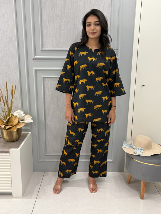 Leopard Black Cotton Pyjama Set
