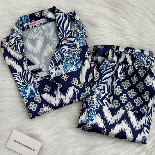 Blue Patchwork Print Pyjama Set - Satin