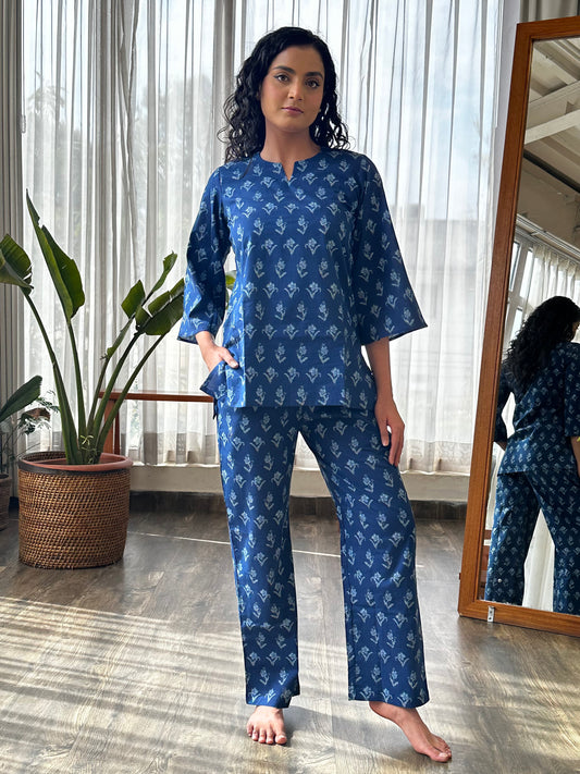 Blue Fleur Cotton Pyjama Set