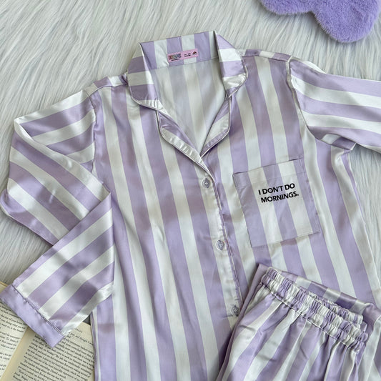 Lilac Stripe with Text - Satin Pyjama Set
